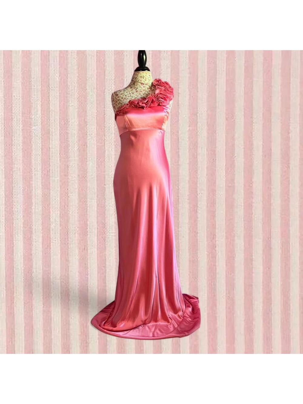 silk pink floor length dress with floral ruffles